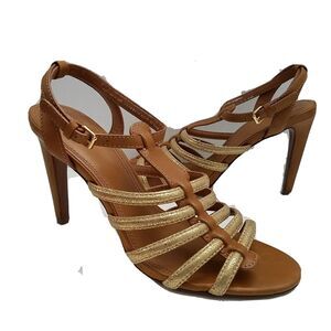 Tory Burch Women sandals High Heel Brown gold leather strappy Charlene 10.5 new